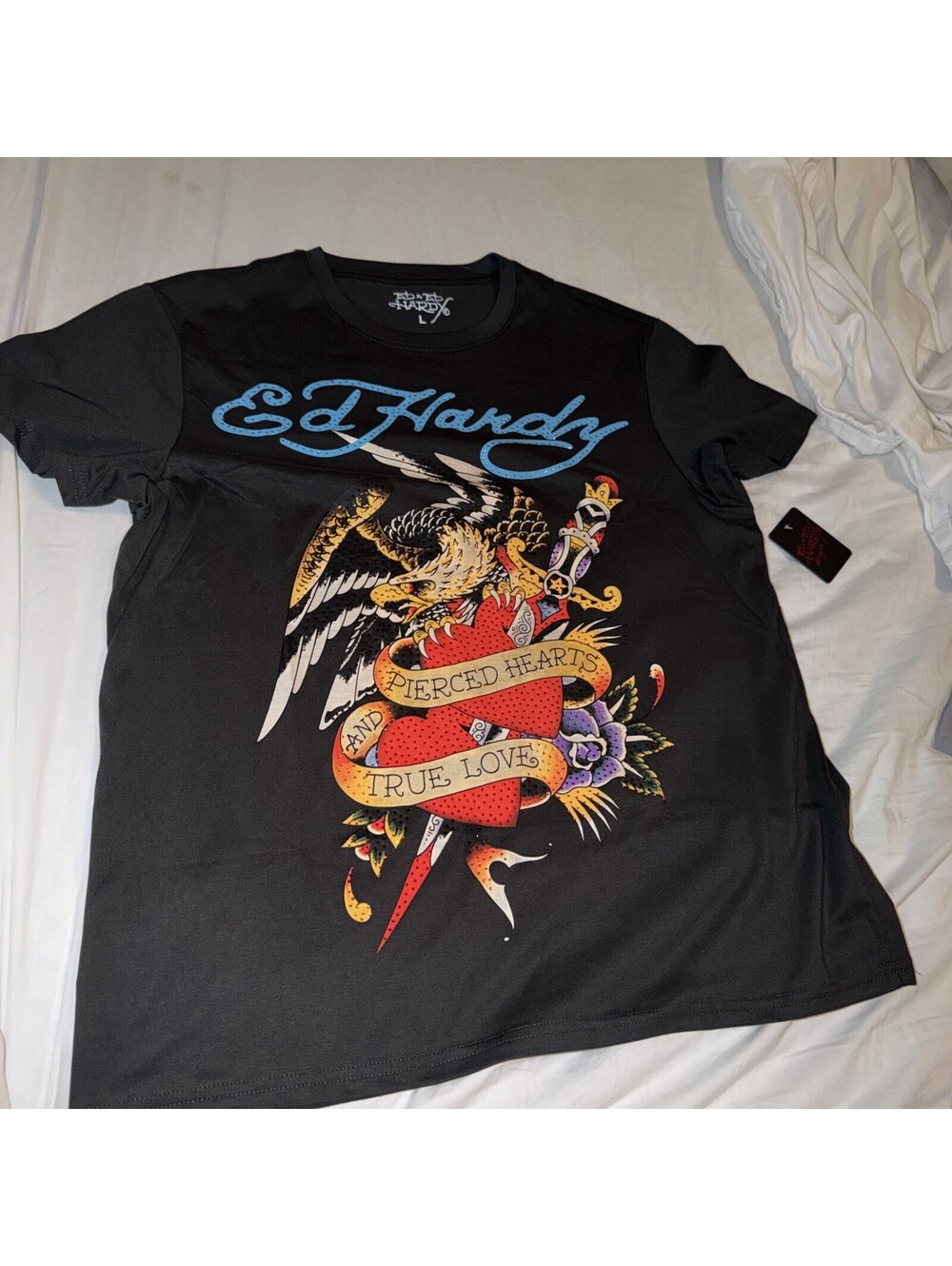 Ed Hardy "Pierced Hearts" size L embellished Graphic T-shirt Charcoal
